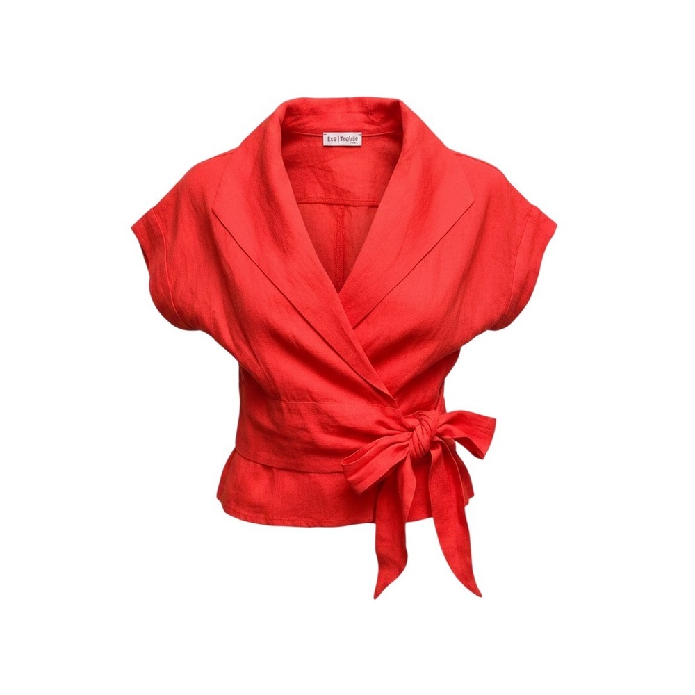 Parisian Eva Tralala Red Linen Wrap Top Size 6 Short Sleeve Peplum Blouse France
